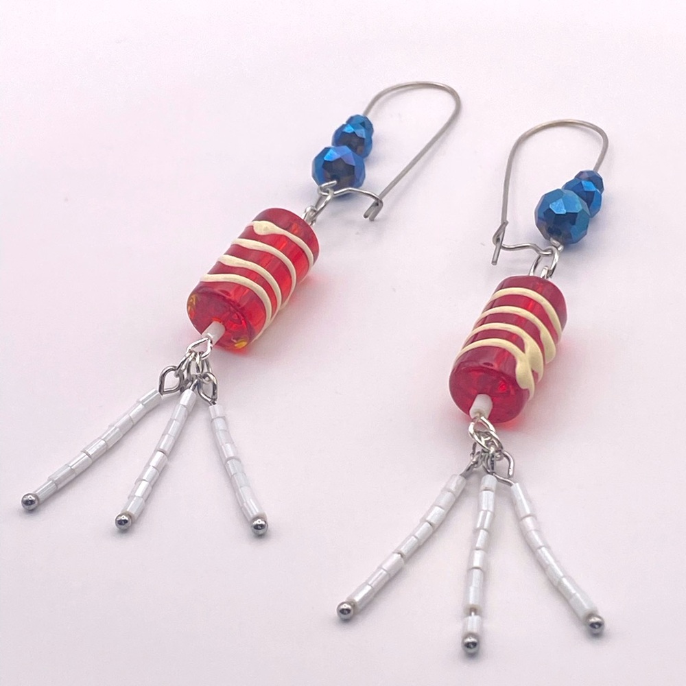 NWOT Handmade 4th of July red white blue large hook beaded holiday earrings